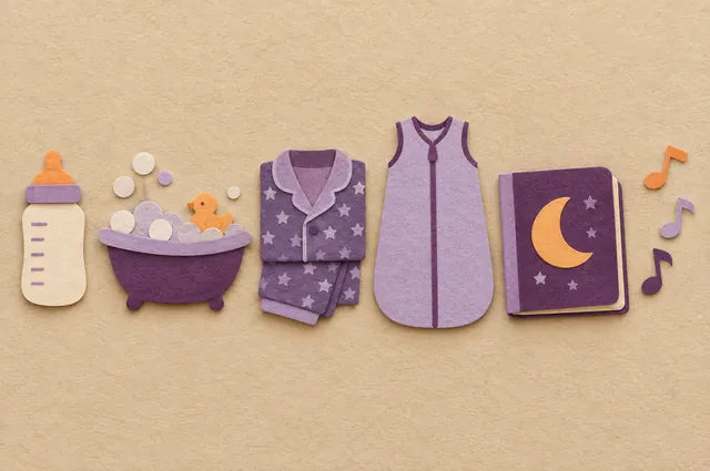 Paper-craft bottle, bath, pajamas, sleep sack and a moon book laid out in a row