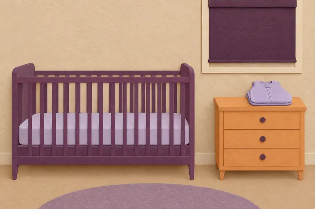 Paper-craft bare crib with only a fitted sheet, beside a small dresser