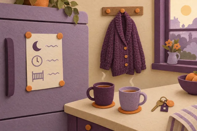 Paper-craft plan pinned to a fridge, with two mugs on the counter